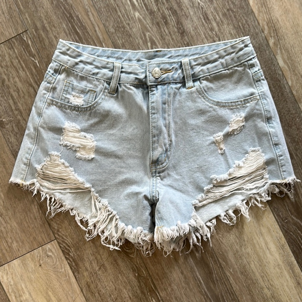 SHEIN | Blue Jean Shorts Distressed Frayed Hem Mid Rise - Picture 5 of 11
